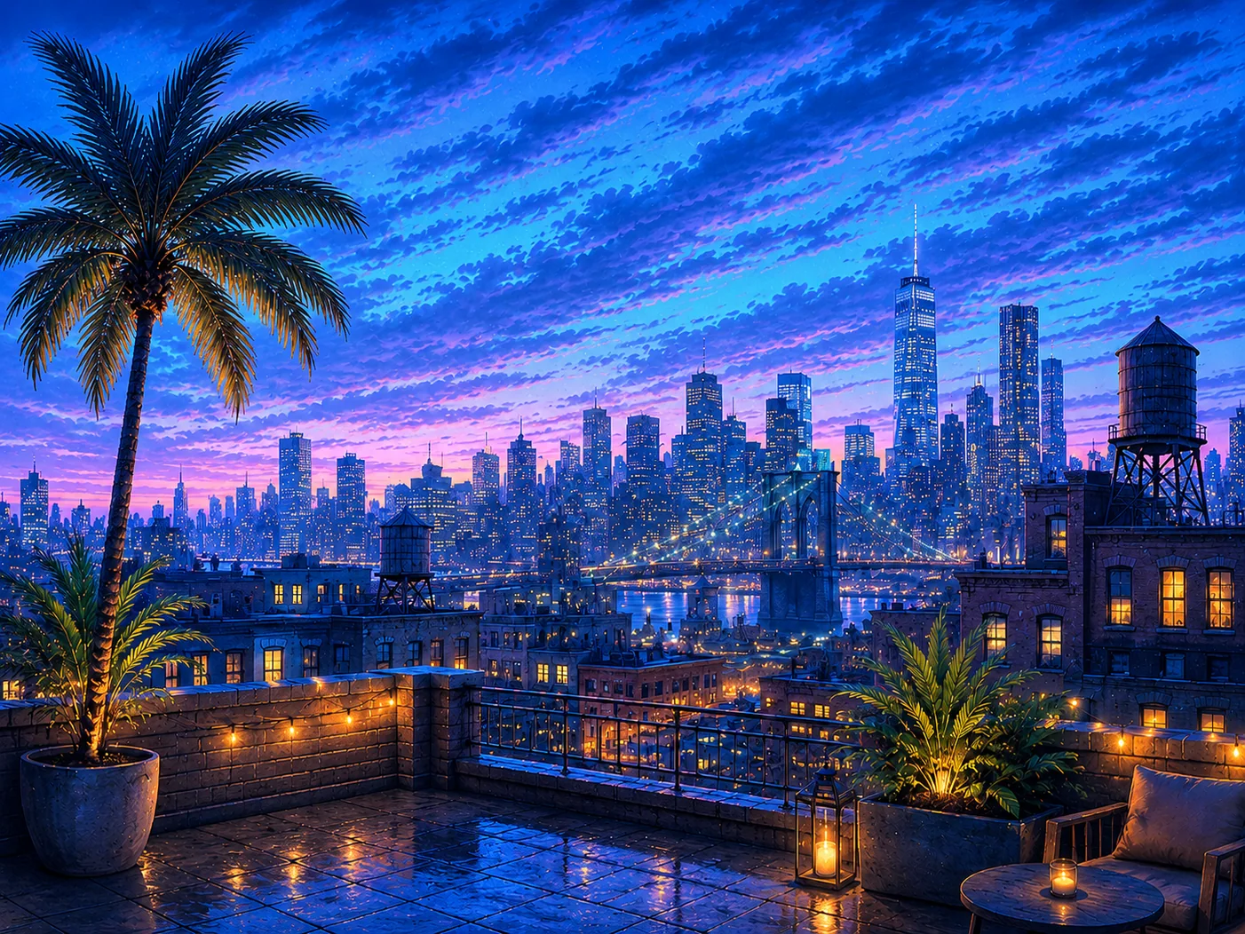 Dream York rooftop overlooking the illuminated city during Blue Hour