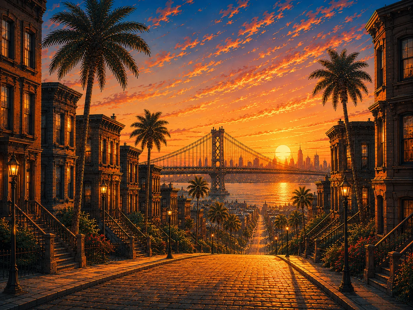 Dream York brownstone street descending toward the bridge and skyline in Golden Hour light