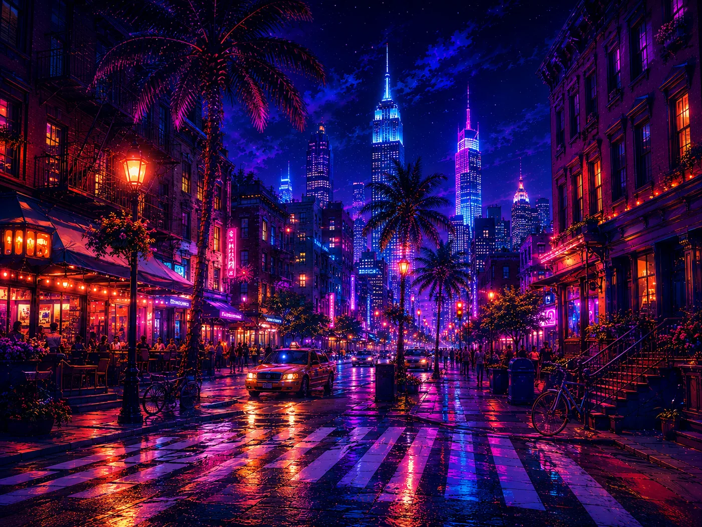 Dream York city street glowing with neon light, palms and nighttime reflections