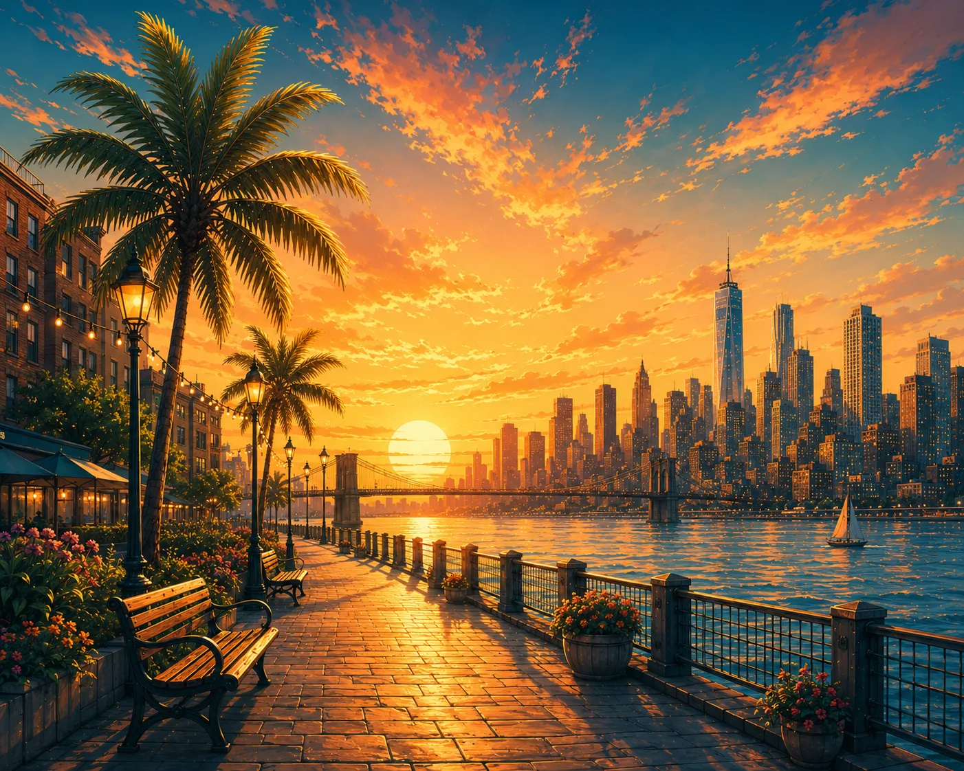 Dream York skyline, bridge and waterfront with palms in cinematic light