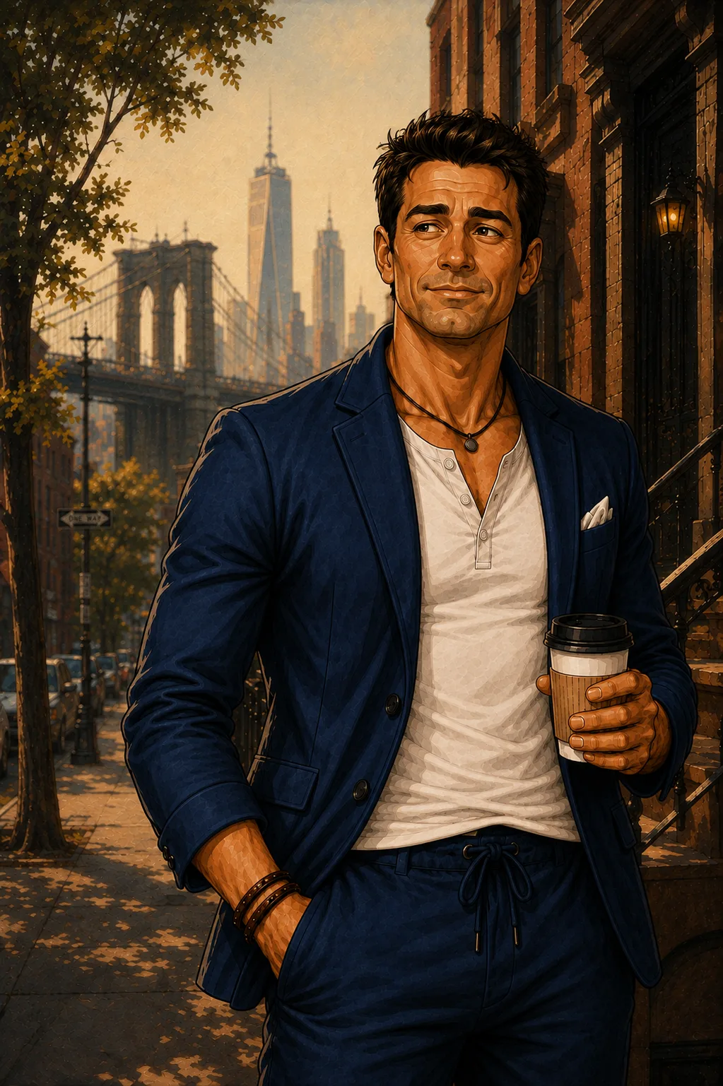 Robin holding coffee on a Brooklyn street